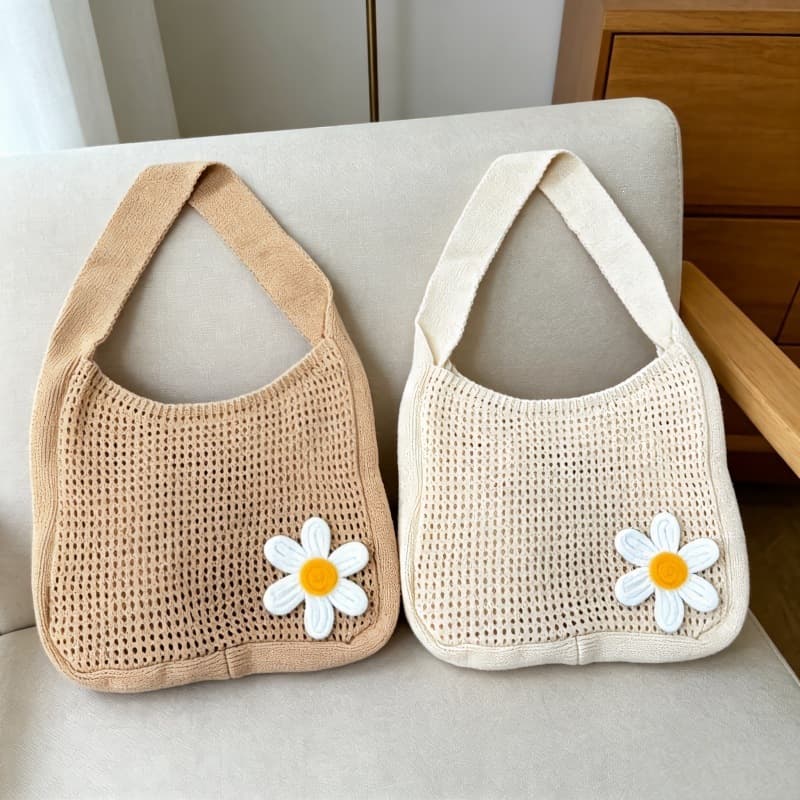 Commuter Shoulder Bag Women New Knit Cream White Crossbody Tote 2026 Minimalist Hollow Out Korean Style Woven