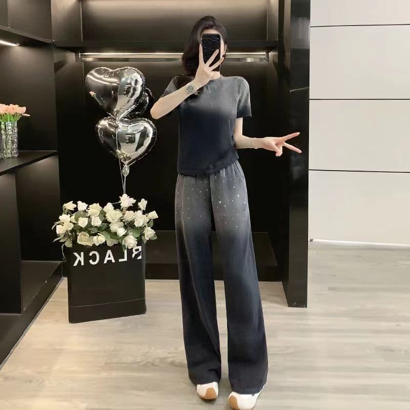 Gradient Print Korean Summer Set Women's Fashion Age-Reducing Casual Sport Gradient Short Sleeve Wide Leg Pants Two-Piece Set