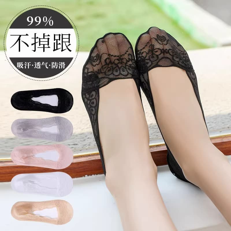 Lace Socks Boat Socks Women Fashion Summer Thin Low-Cut Ice Silk High Heel Invisible Silicone Anti-Slip Short Socks Slipper Socks