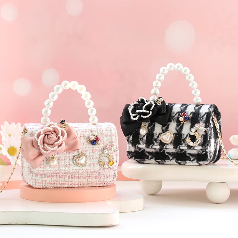 Crossbody Bag for Girls, Camellia Fashion Shoulder Bag, Elementary School Student Cotton Linen Pearl Handbag