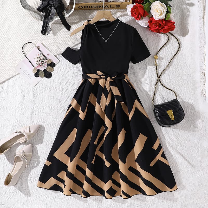 Cross-Border New Style Big Girl's Summer Fashion Dress with European and American Style, Printed One-Shoulder Short-Sleeve, Waist-Cinching, Elegant Dress