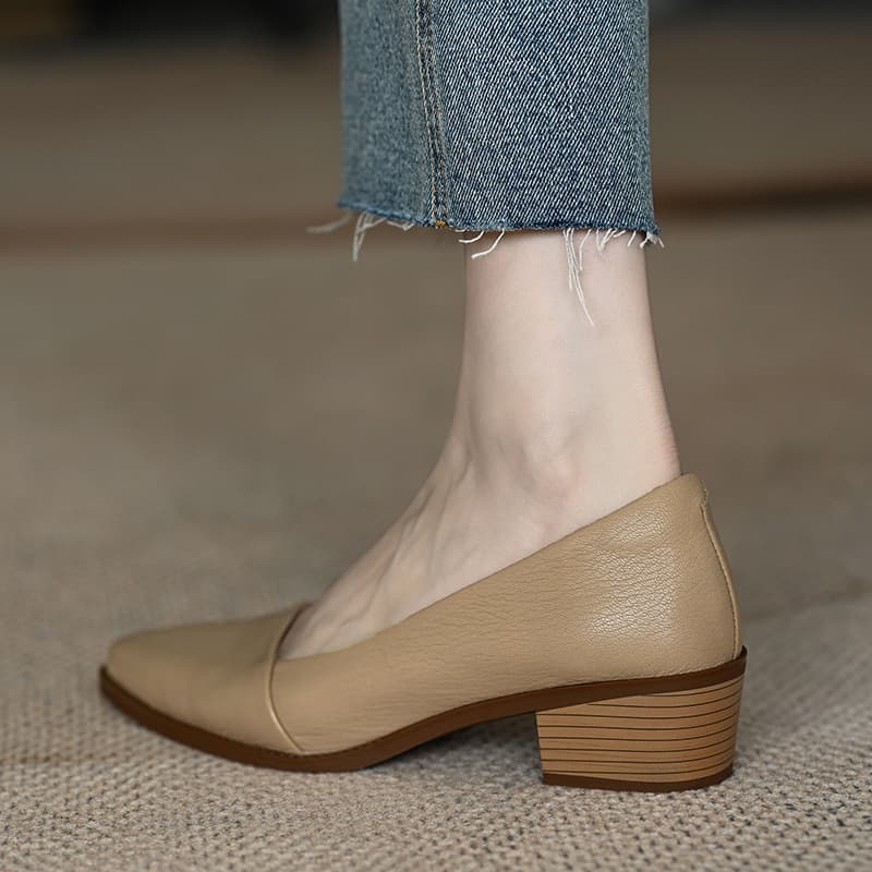 Pointed Toe Single Shoes for Women 2023 New Style Thick Heel French Style Shallow Mid-Heel Apricot Color Women's High Heels