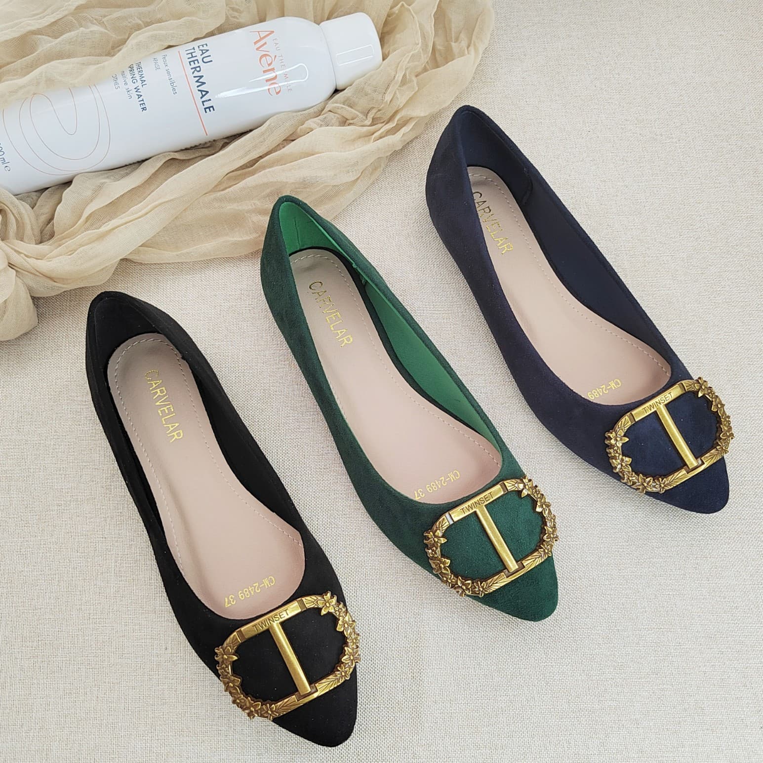 Women's French Pointed Square Buckle Flat Shoes, Elegant Velvet Low Heel Pumps, Shallow Mouth Versatile Women's Shoes