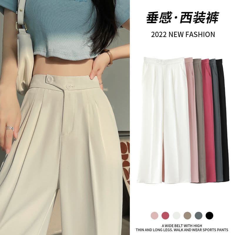 Women's White Suit Wide-Leg Pants, Spring 2023 New Style, High Waist, Flowing Loose Floor-Length Pants, Double Button Casual Straight Leg Pants