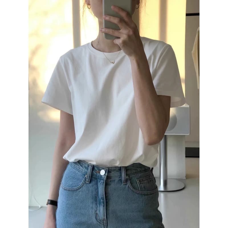 Cotton White T-Shirt 2026 Summer Crew Neck Short Sleeve Women Simple Style Spring Autumn Inner Layer Loose Basic Top