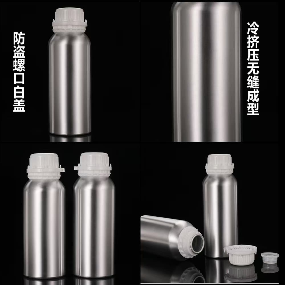 Silver Polished Aluminum Bottles in Multiple Sizes with Optional Anti-Theft Caps for Essential Oils and Chemical Liquid Sealed Storage and Dispensing
