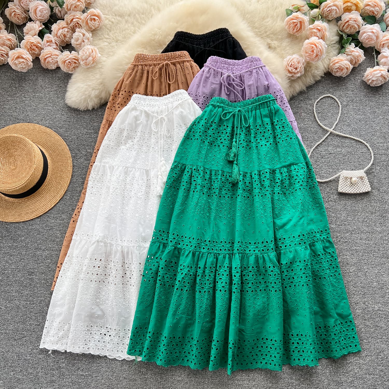 Temperament Hollow Lace Embroidery Crocheted Skirt Women's Lace-Up High Waist Slimming Sweet Versatile Holiday Style Fairy Skirt