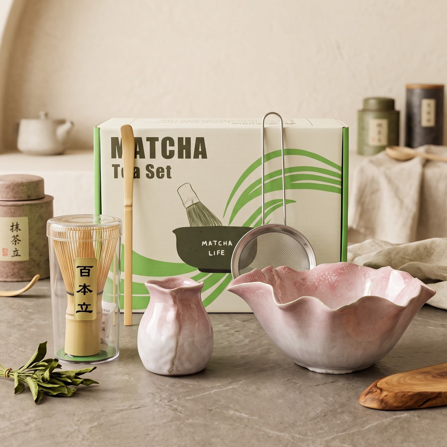 Lotus leaf matcha bowl, household Japanese-style tea ordering set, ceramic tea spoon, tea filter combination gift set