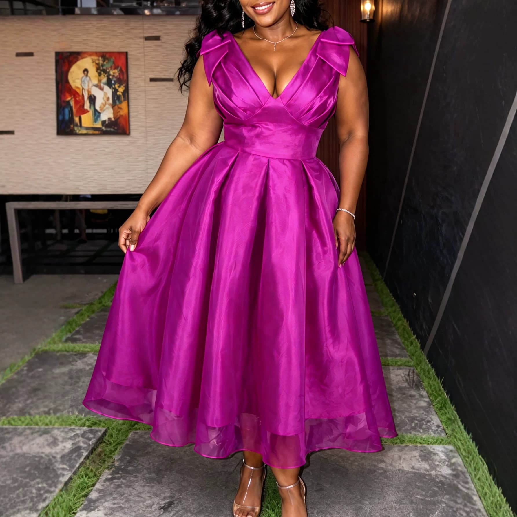 Plus size women's rose red dress with full hem, fat mm deep V bow waist mid-length banquet dress