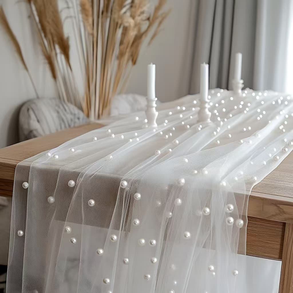 Cross-border dropshipping pearl tulle decorative table runner, beaded mesh, gauze wedding party tablecloth background decoration