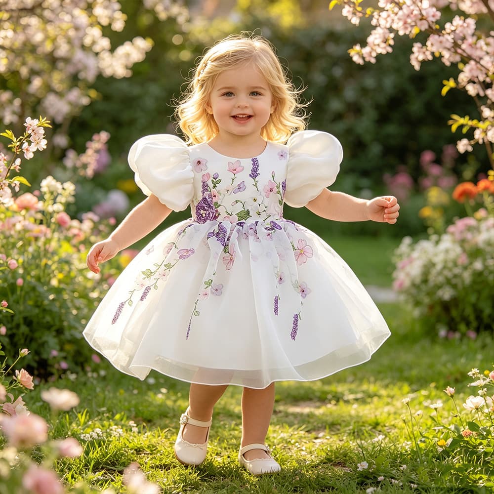Girls 1st Birthday Tutu Dress Puff Sleeve Princess Gown Flower Girl Tulle Skirt Kids Performance Dress