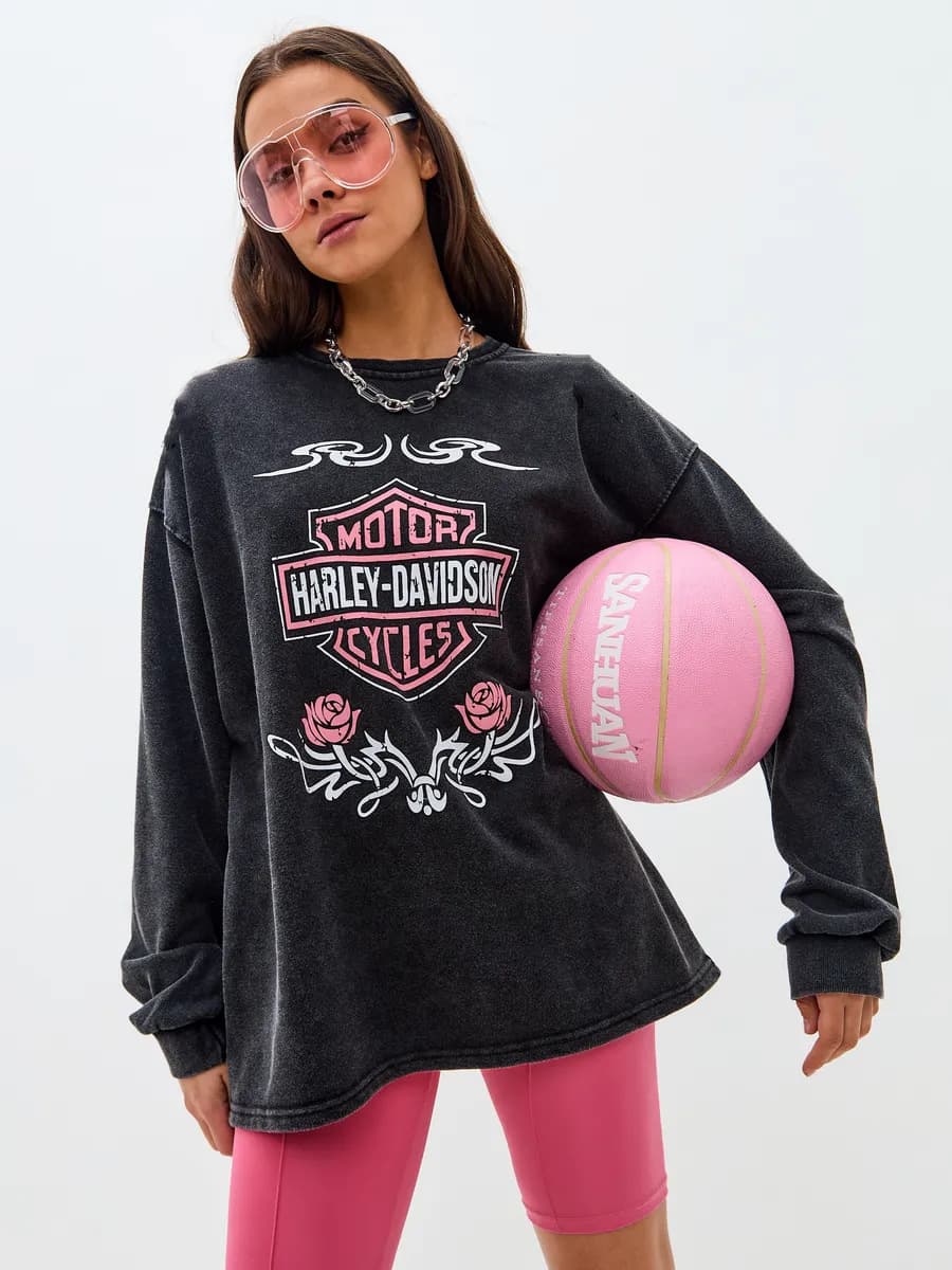 Street-style rugged American retro washed black pure cotton long-sleeve cuffed T-shirt, trendy top for women