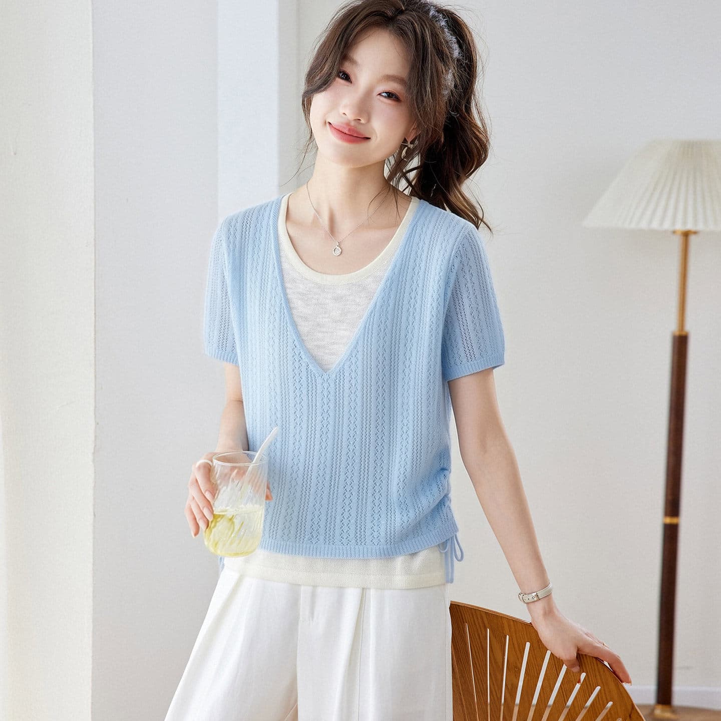 2026 Summer Thin Blue Slimming Top for Young Mothers, Women's Fake Two-Piece Ice Silk Short-Sleeve Knit Shirt