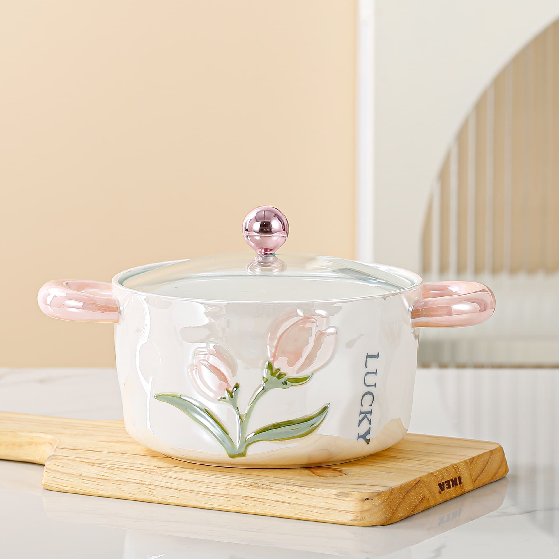 Tulip Ceramic Bowl with Lid, Ceramic Dinnerware Set for Home Use, Double-Ear Flower Bowl, Personalized Gift