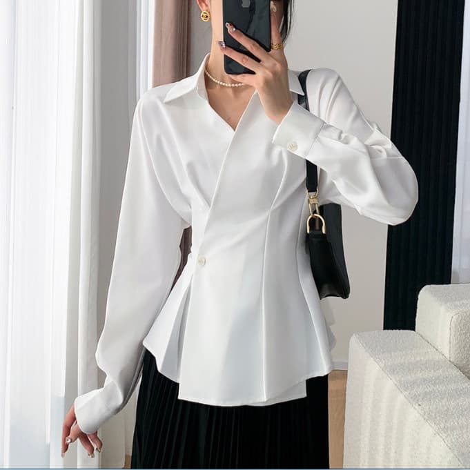 Fashionable French White Collar Blouse for Women 2026 Spring Autumn New Style Elegant Waist-Nipping Long Sleeve Shirt