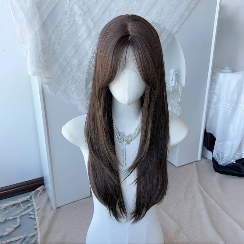 Middle Part Wispy Bangs High-Layered Black Long Straight Daily No-Styling Human Hair Seamless Full Wig Set