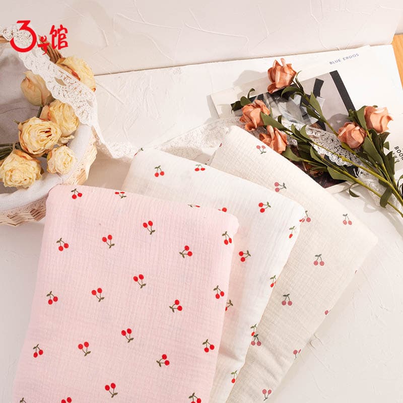 Cotton Double-Layer Gauze Crepe Fabric with Small Cherry Print for Children's Dress, Washable Baby Cotton Pajama Fabric, Leather