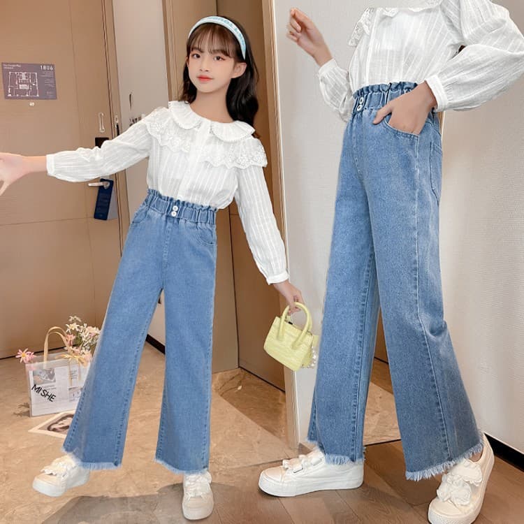 Girls Jeans Loose Leg Spring Autumn Style Trendy Mid-large Children Autumn Clothes Long Pants Outdoor Wear