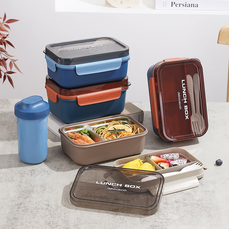 Cross-Border Square Lunch Box, Microwave-Safe Double-Layer Sealed Bento Box, Portable 304 Stainless Steel Food Container with Cutlery