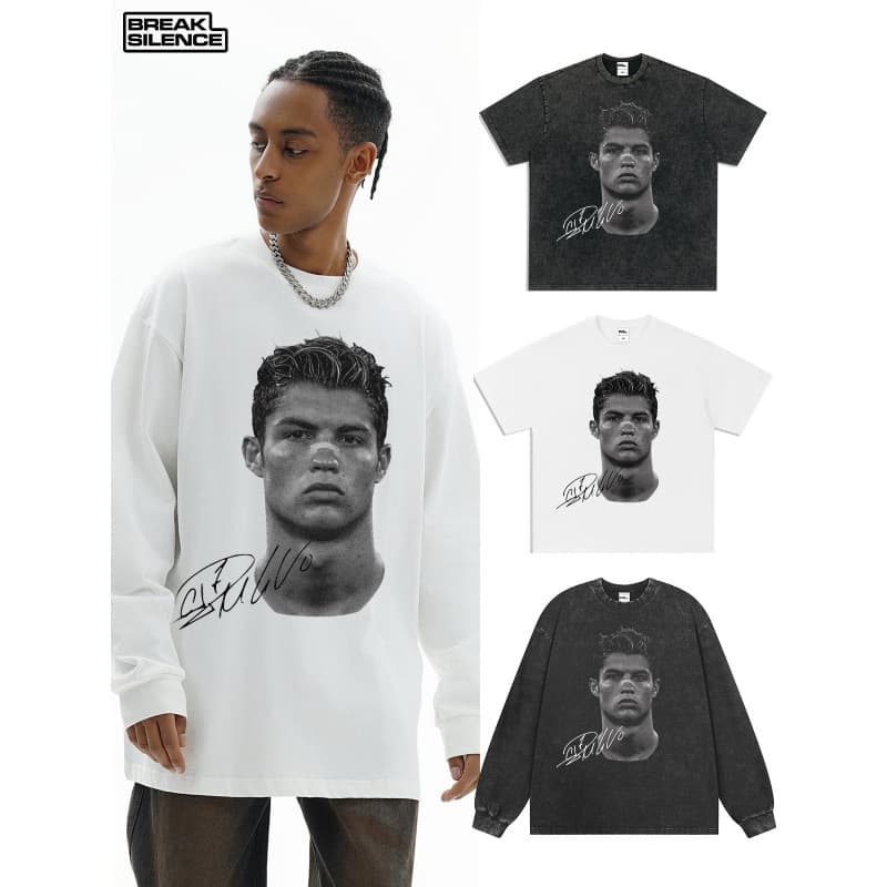 Ouma Cotton Short Sleeve 'Cristiano Ronaldo American Street Print Heavyweight T-Shirt Men Cross-border Vintage Washed Distressed