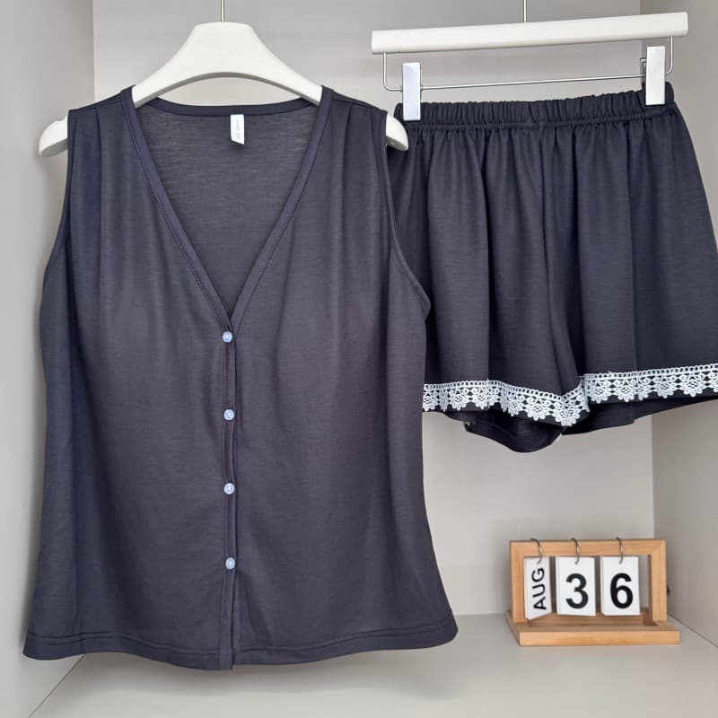 French style lazy style pure cotton pajamas for women with breast pads summer simple V-neck sleeveless cardigan two-piece home wear set