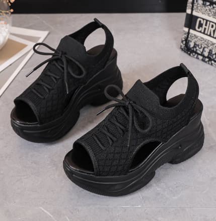 Popular Summer New Knitted Peep-Toe Shoes Fairy Style Platform High Heel Fly Knit Wedge Thick Sole Sports Women's Sandals