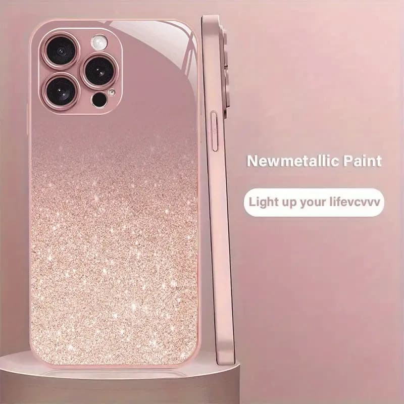 Ins-style premium iPhone 17 case with gradient glitter metallic paint glass finish, iPhone 15 girlfriend gift
