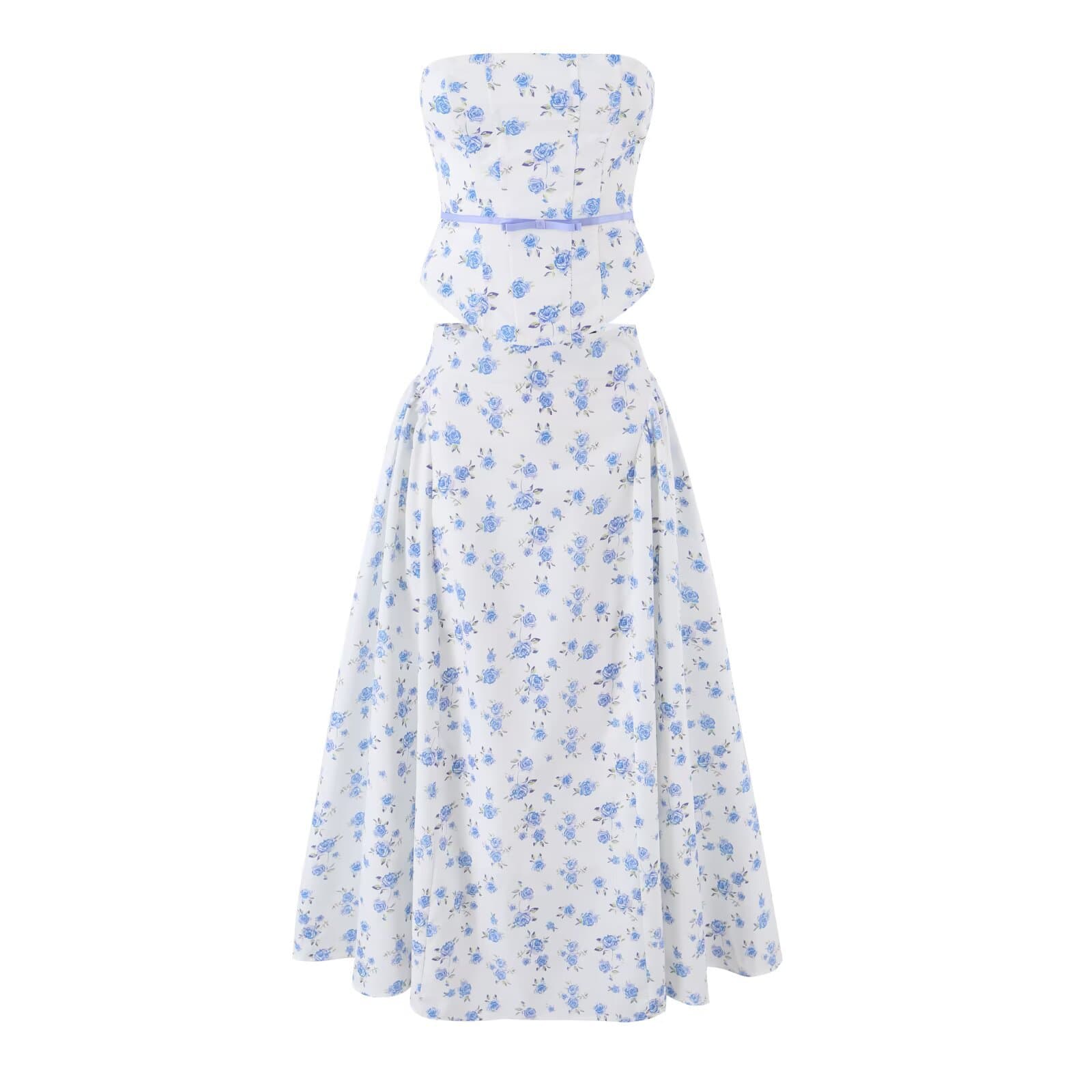 French Style Butterfly Knot Floral Print Tie Bustier Top Women Summer Elegant High-Waist Loose Floral Print Skirt Set