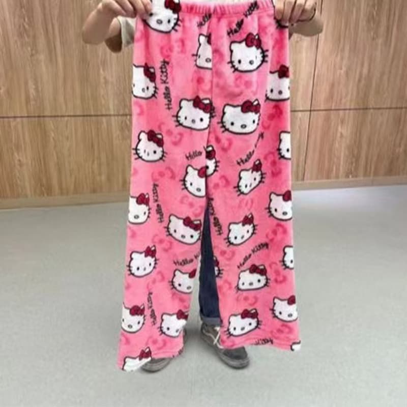 Cartoon Cat Flannel Pajama Pants for Women, New Autumn/Winter Coral Fleece Thickened and Lined Warm Casual Home Pants