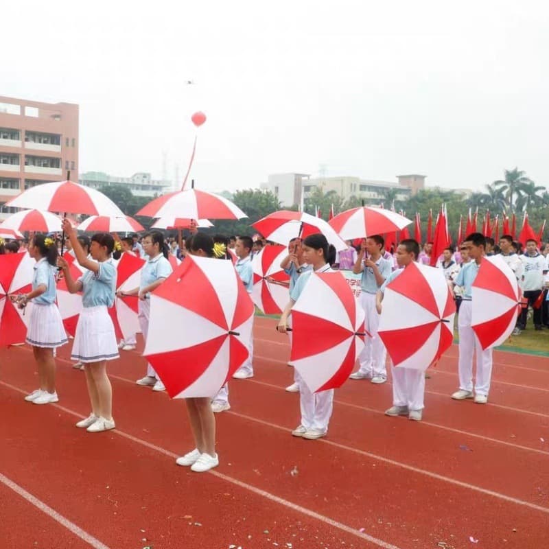 Sports meet entrance creative prop, red and white pinwheel umbrella for primary and secondary school group formation dance performances
