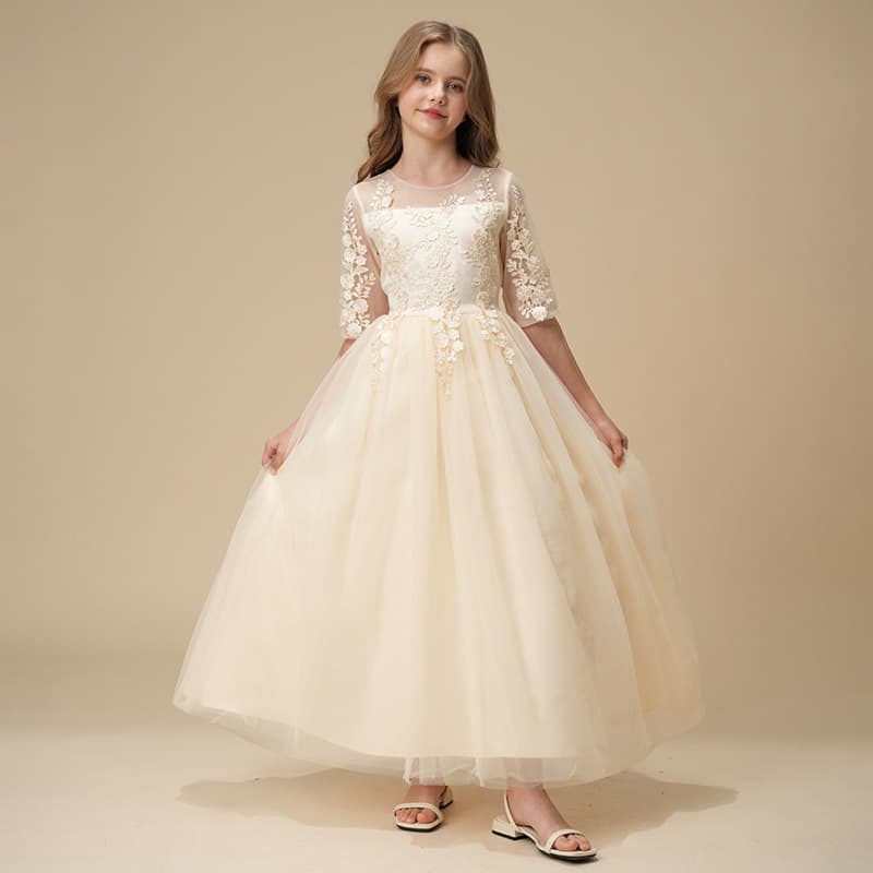 Cross-border Hot Sale European and American Girls Lace Princess Dress Little Girl Long Party Gown Mesh Wedding Dress