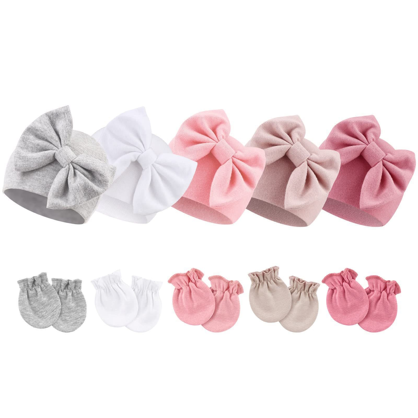 Newborn Baby Girl Hat with Mittens Set, Hospital Cap, Bonnet with Bow, Suitable for 0-6 Months