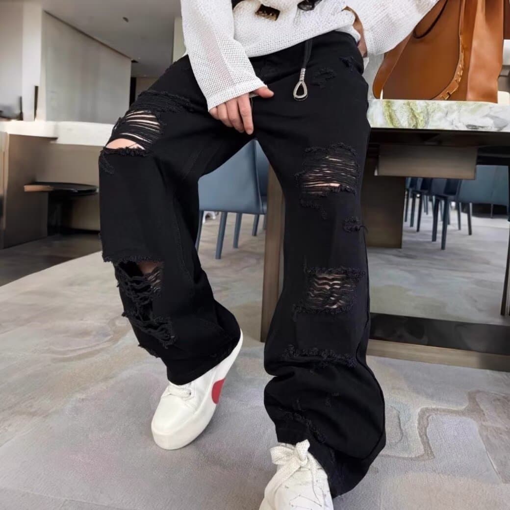 [Cross-border Trade Exclusive] Distressed Fashion Jeans Loose Fit Fringe Design Versatile Casual Straight-leg Pants