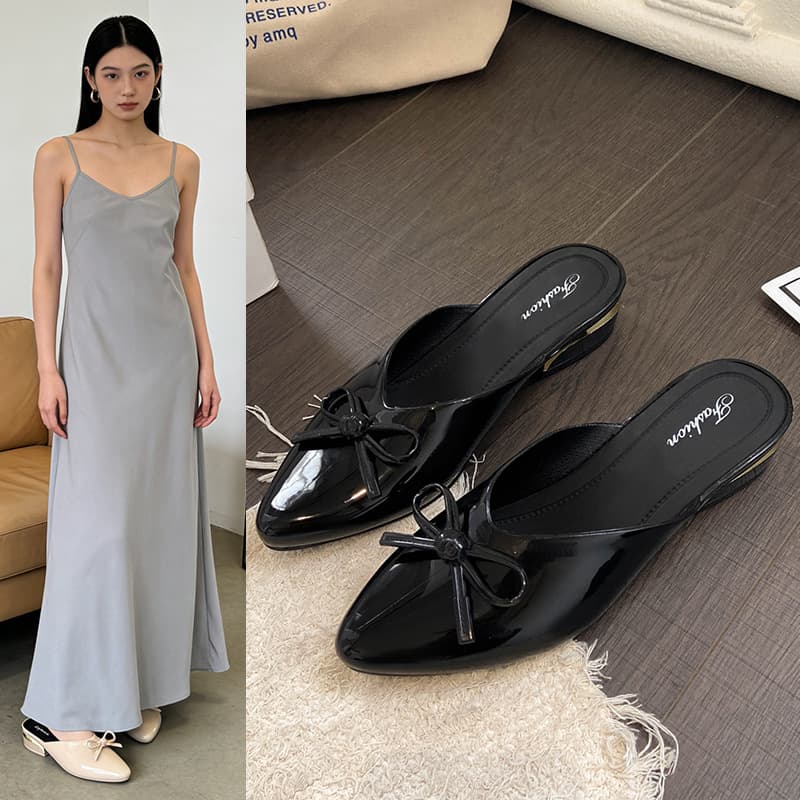 Summer Bow Wedge Mule Shoes Closed-Toe Half Slippers for Women French Style Shallow Pointed-Toe Outdoor Sandals
