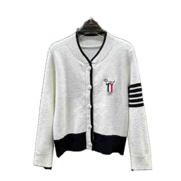 Factory Direct T25 Autumn/Winter New Preppy Color-Block Youthful Dog Pattern V-Neck Knit Cardigan