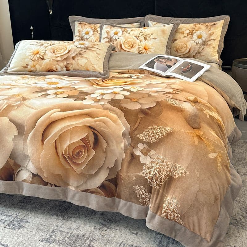 Y2G Thickeneded Digital Printed Milk Velvet Four-Piece Set of Flannel Bed Sheetss and Quilt Covers Coral Velvet Double-Sided Velvet for Bed