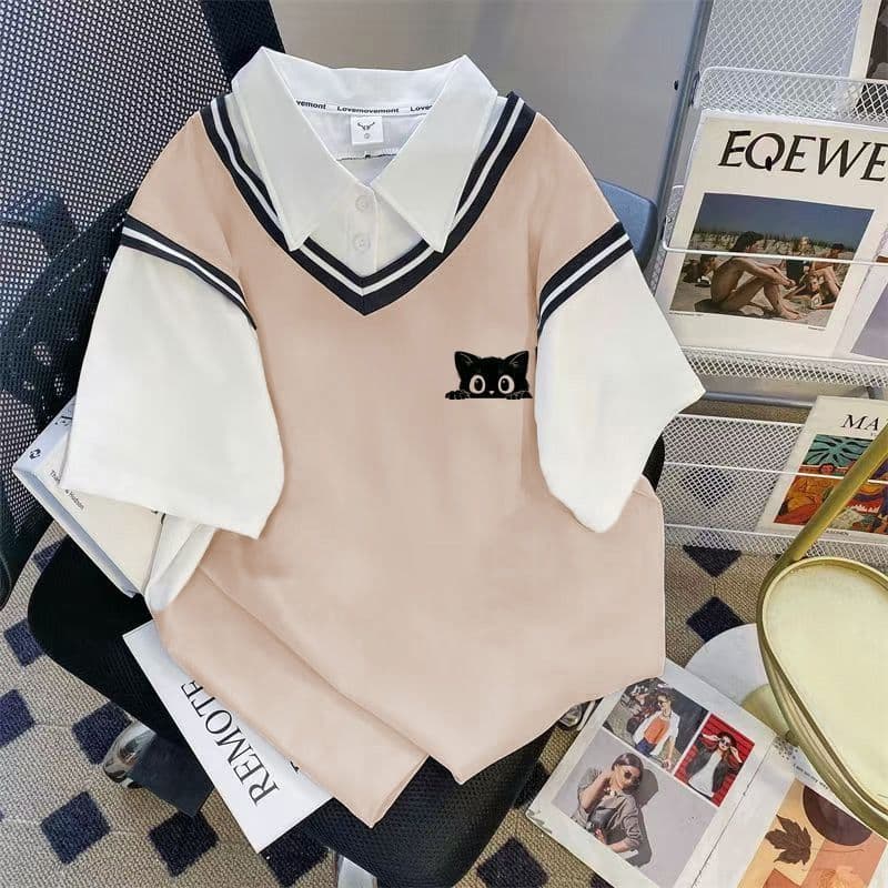 Plus Size New Women's Fashion Fake Two-Piece 2026 Summer Loose Short Sleeve T-Shirt Women's Design Sense Niche Polo Neck Top