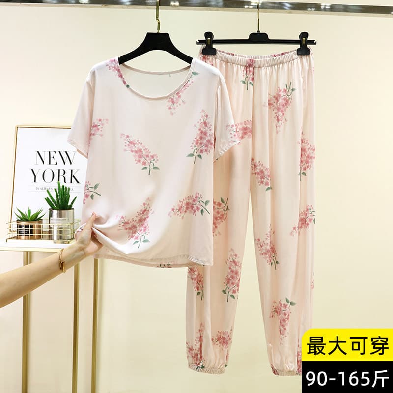 Summer Cotton Silk Short-Sleeved Home Clothes, Thin T-Shirt and Pants Set for Women, Floral Rayon Pajamas Two-Piece Set