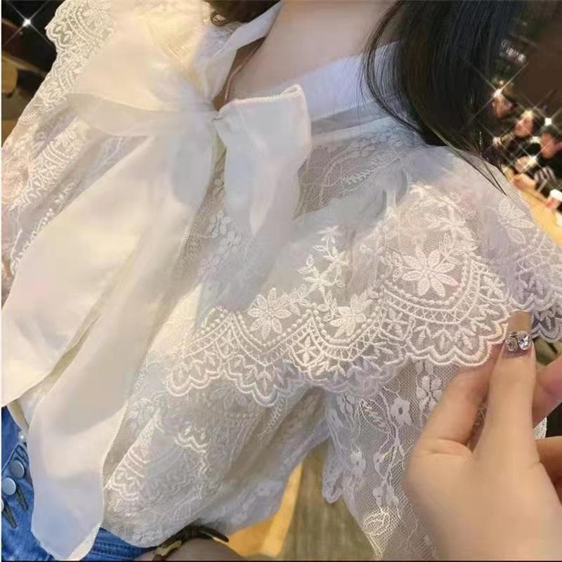 Designer Niche Bow Long Sleeve Lace Blouse Women Autumn French Style Elegant Top Fairy Puff Sleeve Shirt