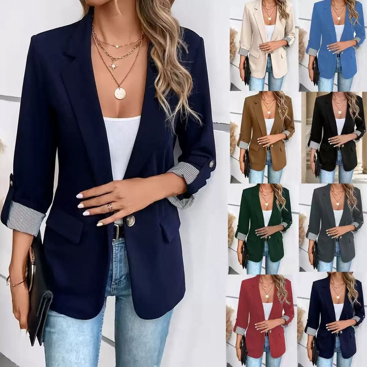 2026 European and American New Fashion Casual Buttoned Suit Slim Fit Three-Quarter Rolled Sleeve Blazer for Women