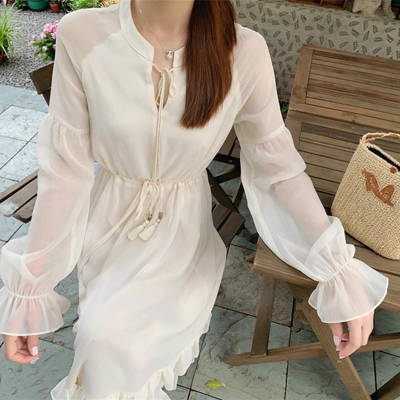 Forest-inspired Sweet Early Autumn Gentle Style Dress, Korean Version, Waist-Tightening Slimming Long Dress, Lace-Trimmed Atmosphere A-Line Dress