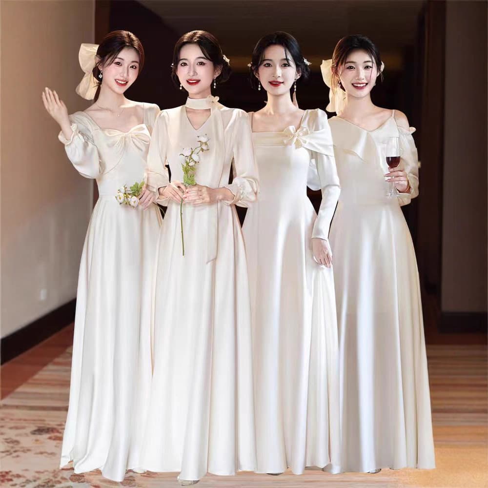 Champagne Satin Bridesmaid Dress 2025 Autumn/Winter New Style Long Sleeve High-End French Ethereal Sister Squad Gown for Women