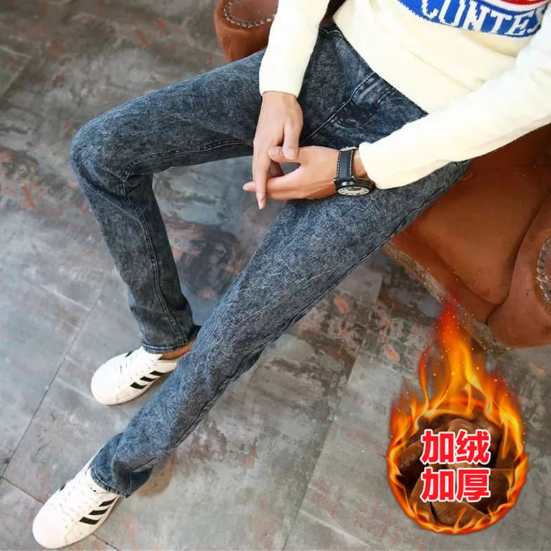 Men's Jeans 2021 Fall/Winter New Style Slim Fit Tapered Leg Casual Stretch Fleece-Lined Jeans