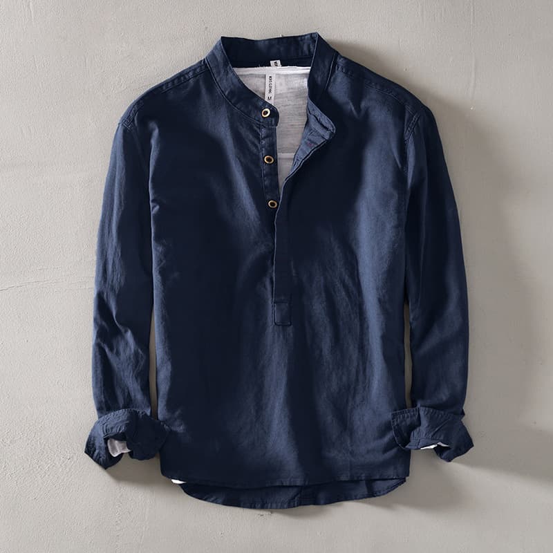 L959 Cotton Linen Casual Shirt Solid Stand Collar Pullover Long Sleeve Cotton Linen Shirt (75% Cotton 25% Linen)