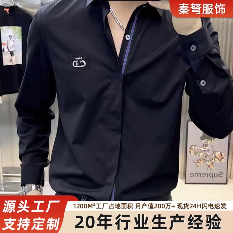Light luxury, fashionable, high-end long-sleeved shirt, casual, versatile, slim-fitting, no-iron, anti-wrinkle, business solid color, men's CD letter plate