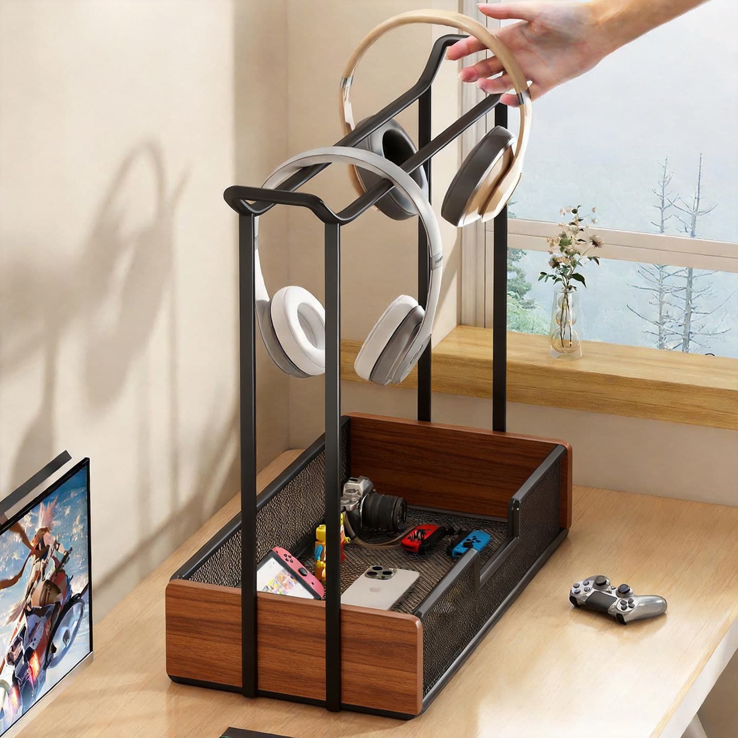 Creative Desktop Headphone Stand, Bluetooth Headset Holder, Multifunctional Storage Organizer for Dormitory and Game Controllers