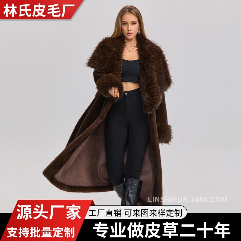 Cross-Border Autumn Winter Eco-Friendly Faux Fur Faux Mink Raccoon Large Fur Collar Long Fur Lining Coat Warm Coat Women