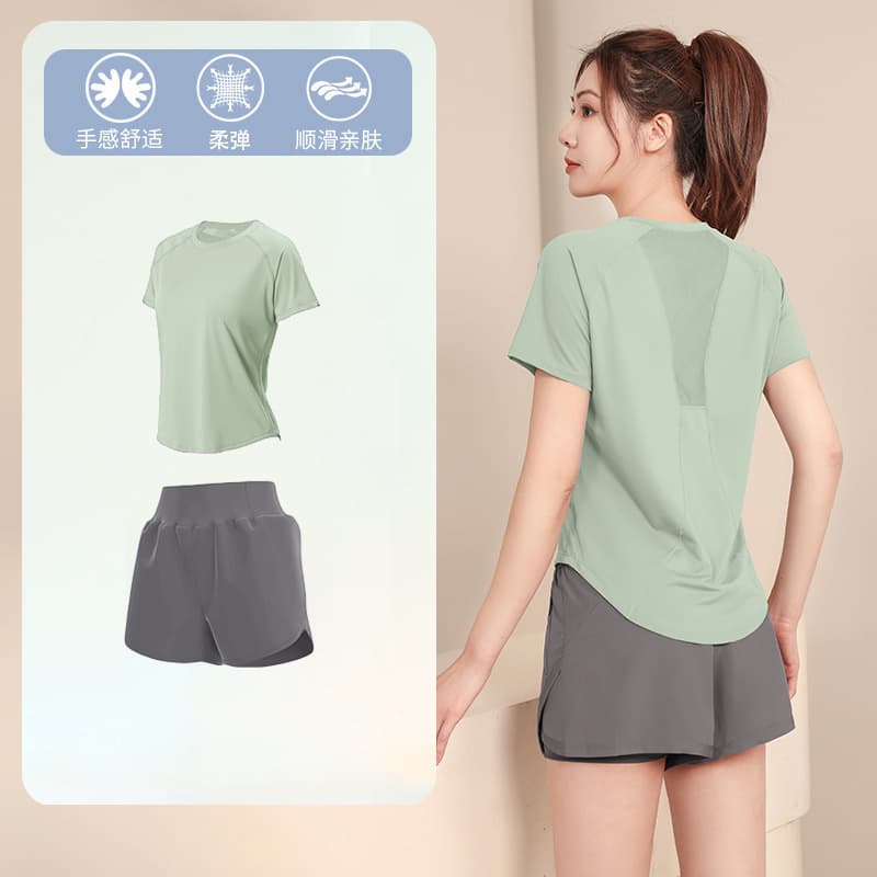 Summer Bare-Feel Fitness Short Sleeve Top Quick-Dry Yoga Set Women Mesh Breathable Running Sports T-Shirt Set