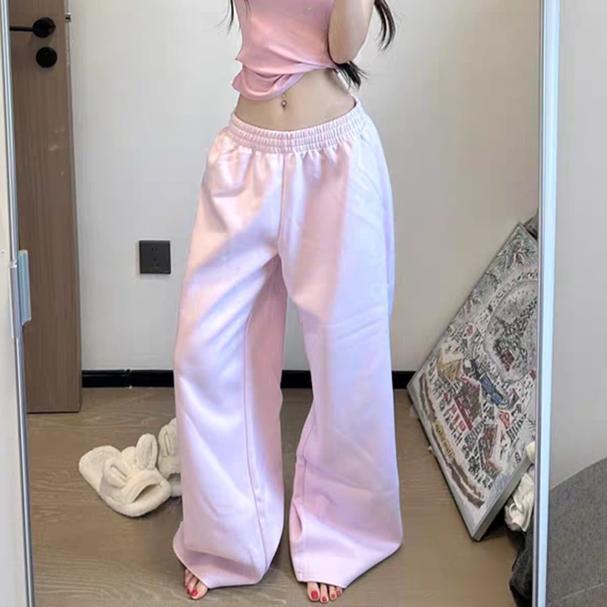 American hot girl pink high-waisted wide-leg trousers for women spring and summer retro lazy loose casual all-match sweatpants floor mopping pants