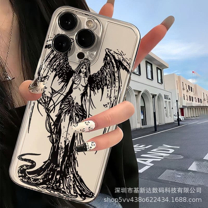 Black Line Angel iPhone 17/16 Pro Max Case 14/13/12/11 Transparent Full Coverage XS/XR Soft 8
